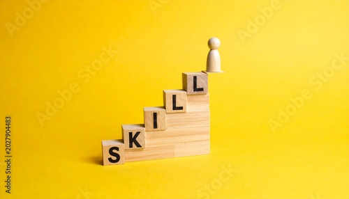 Wooden staircase spelling skill with figure on top