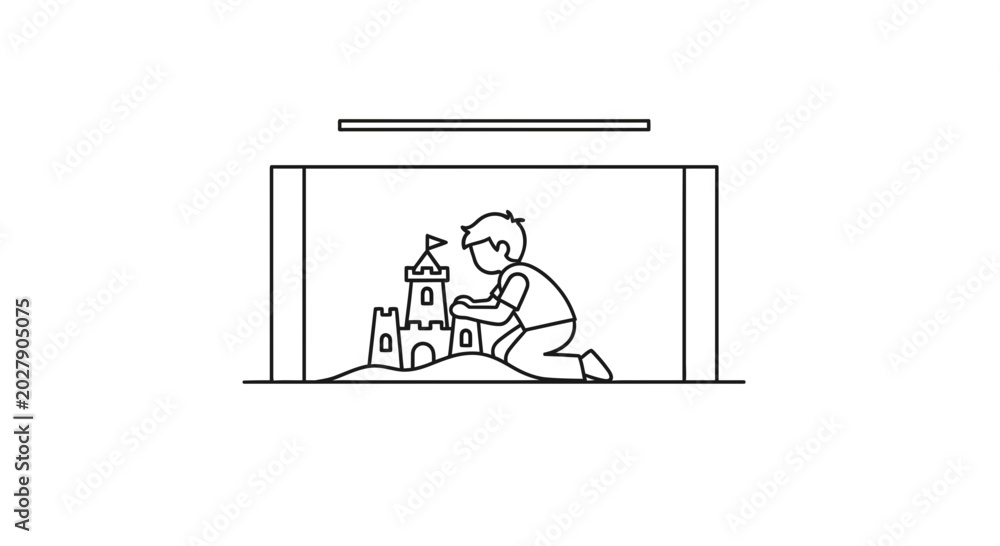 Fototapeta premium Child building sandcastle on beach, summer vacation fun, outdoor leisure activity