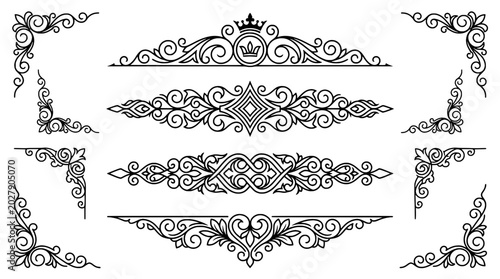 Ornamental borders and corner designs with intricate swirls and flourishes featuring decorative elements, vintage style, elegant patterns with black