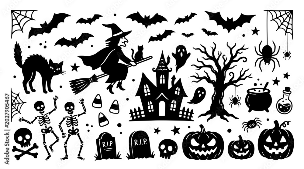 Obraz premium Pumpkin Halloween set with bats, ghosts, cats, haunted house icons and spooky graveyard silhouettes in black and white