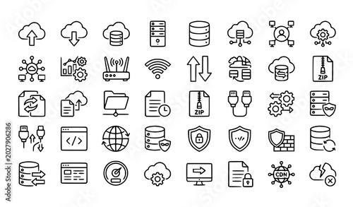 Tableau sur toile Set of 30 data exchange and cloud computing thin line icons editable stroke vect