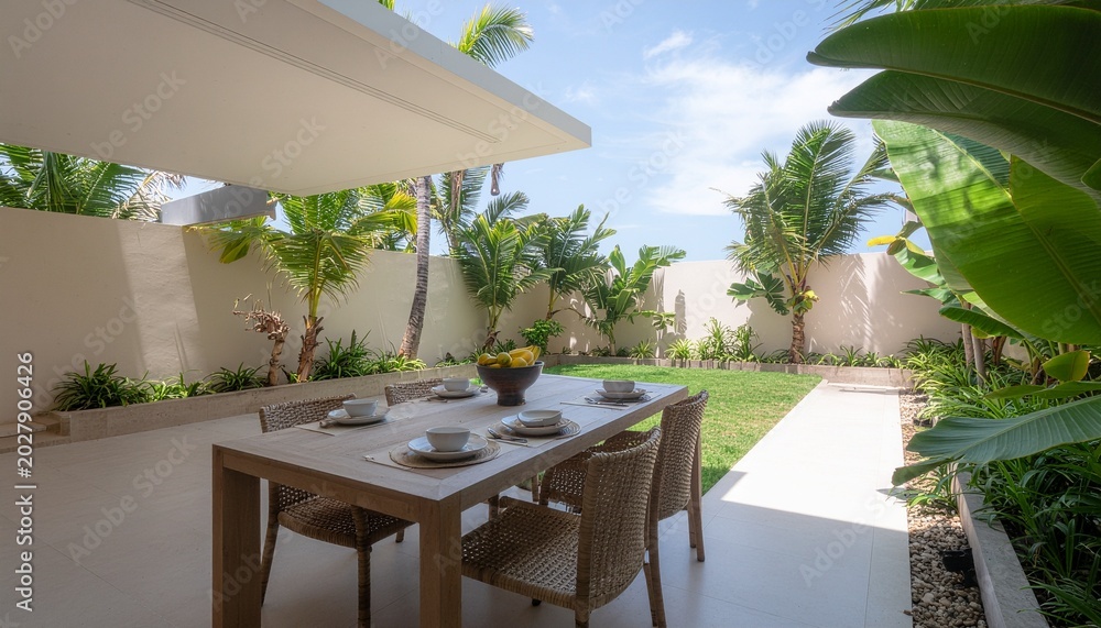 Fototapeta premium Tropical courtyard dining setup, Modern outdoor brunch table, Lush palm garden lifestyle, Clean patio entertaining scene, Bright commercial copy space