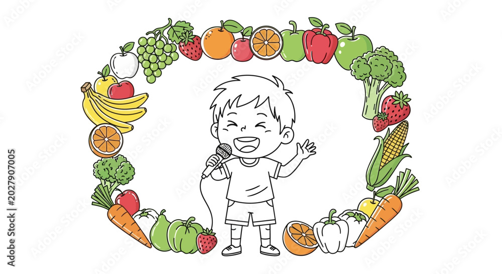 Fototapeta premium Happy Kid Singing Microphone Surrounded by Fresh Fruits and Vegetables Frame