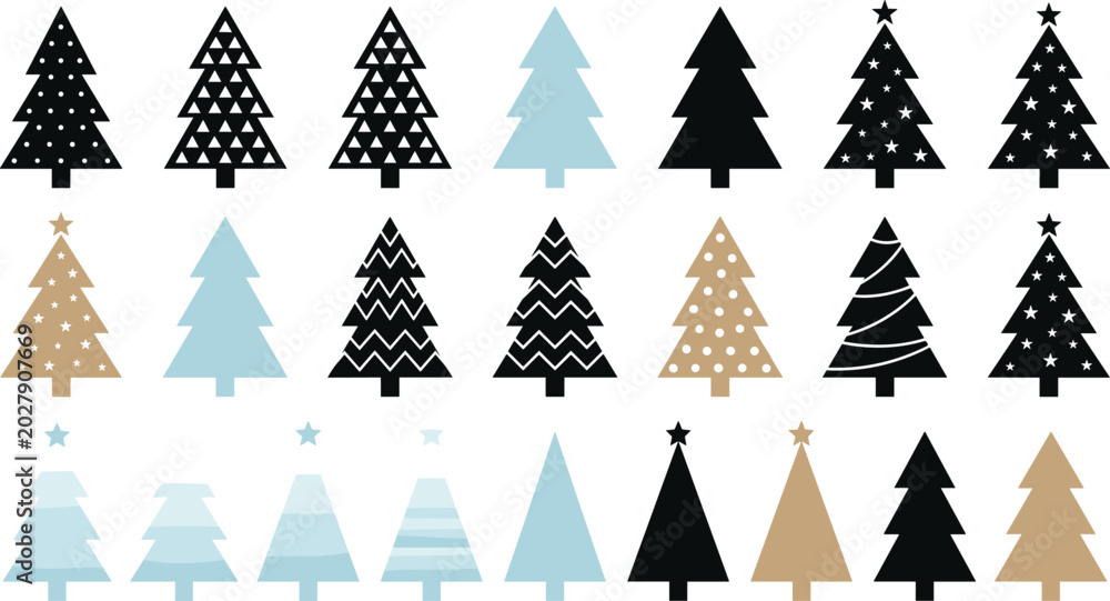 Obraz premium Minimalist Christmas Tree Silhouette Icon Set with Modern Geometric Nordic Style Patterns for Winter Holiday Graphic Designs