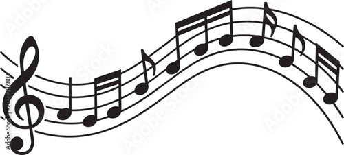 musical notes wave staff illustration with treble clef melody design vector