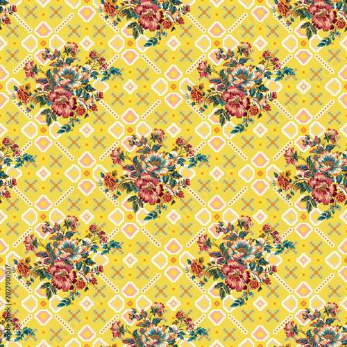 Seamless floral pattern with bouquets of flowers on a yellow geometric background