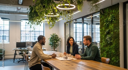 Diverse colleagues brainstorm at a large wooden table in a sunlit green office. Surreal Silliness Concept Design