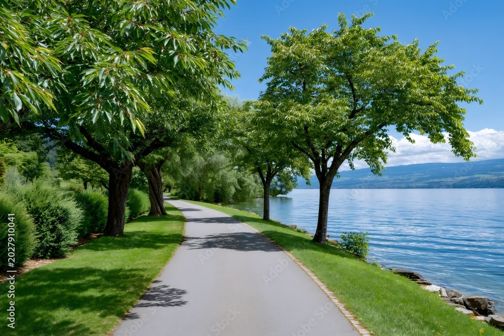 Obraz premium Lakeside path under green trees next to blue lake