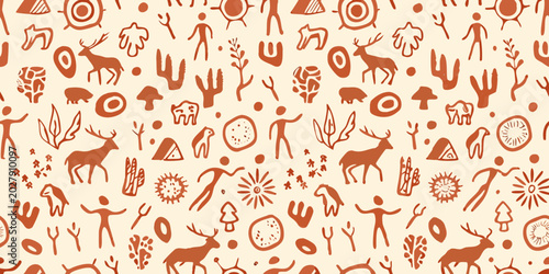 Φωτογραφία seamless prehistoric cave painting pattern with animal and human figures