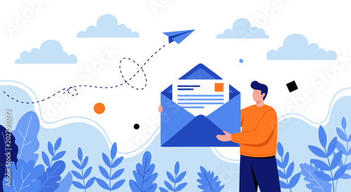 Konstfotografi Man sending vector illustration of email with paper plane flying outdoors
