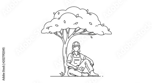 Female construction worker resting under a tree with tools