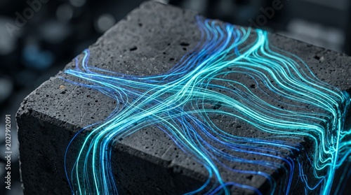 Digital energy flowing over a concrete block surface