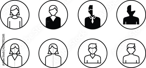 User avatar icons set, male and female profile silhouette collection, account and social media line vector