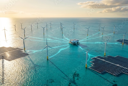 Offshore wind farm generating clean energy with solar panels