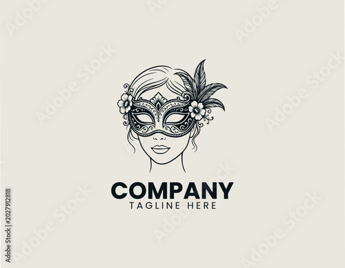 Floral Venetian Mask Woman Face Elegant Black Vector Logo Luxury Carnival Design