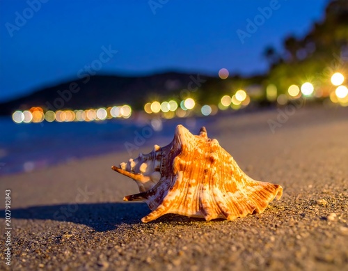 Orange Seashell Resting on Sandy Beach at Twilight Coast
