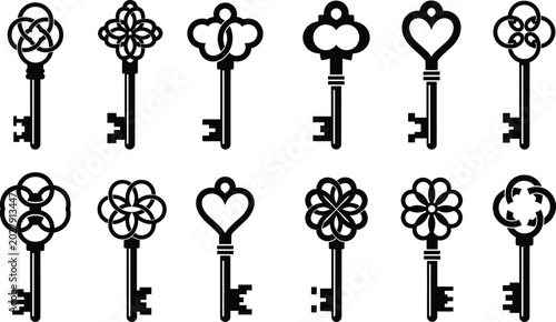 Fotografie Vintage Ornamental Key Set, Decorative Antique Skeleton Keys Collection, Black S