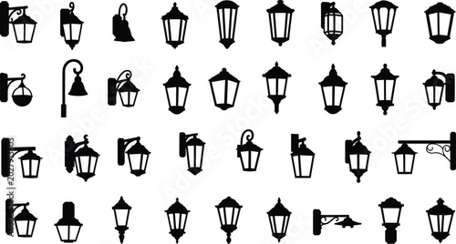 Foto Vintage Wall Lantern Silhouette Set, Outdoor Street Light Fixture Collection, Cl