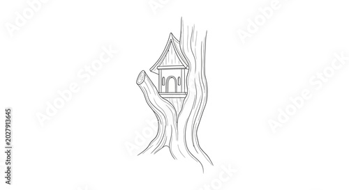 Whimsical Treehouse Dwelling Sketch - Fantasy Forest Home Illustration