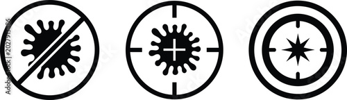 Virus protection target icons set, antibacterial shield symbol collection, crosshair aim sign, medical safety concept, black vector illustration