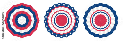 Fotografía Set of three round patriotic rosettes and circle ribbons in USA flag colors