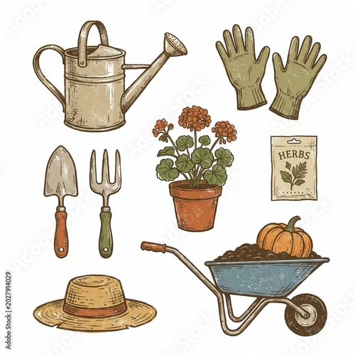 Set Vintage Imperfect Illustration of Gardening, vector isolated on white