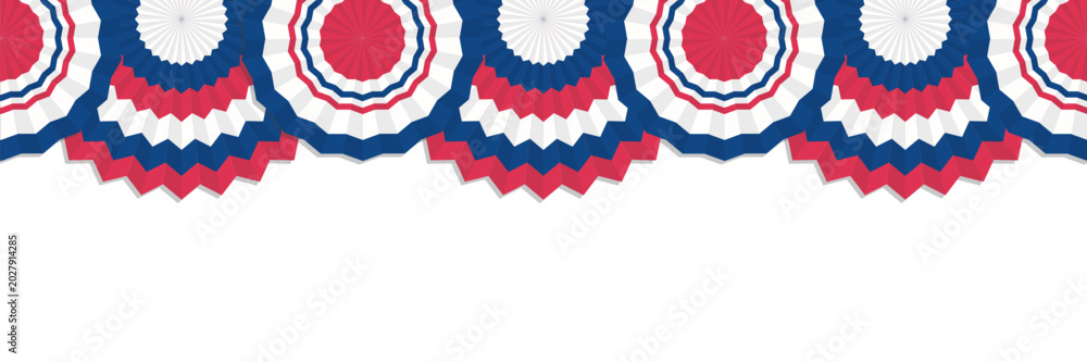 Fototapeta premium Hanging patriotic bunting garlands and half circle flags in American national colors. Red white and blue festive decoration border for 4th of July independence day celebration design