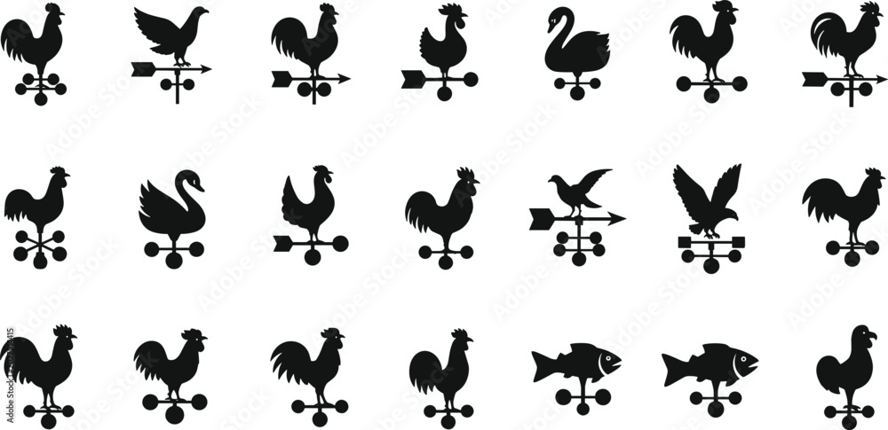 Obraz premium Weather vane silhouette set, rooster swan eagle fish shapes, wind direction arrows, traditional rooftop ornaments, black solid icons collection, vector illustration