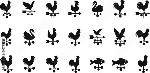 Schilderij op canvas Weather vane silhouette set, rooster swan eagle fish shapes, wind direction arro