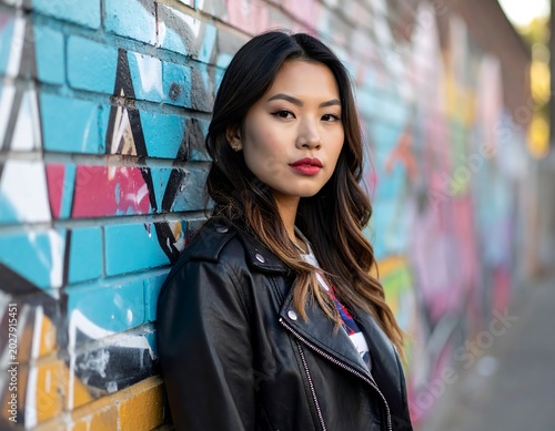 Stylish Young Woman Posing Beside Colorful Graffiti Wall in Urban Street