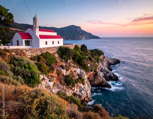 White Coastal Chapel Overlooking Rocky Mediterranean Sea at Sunset