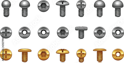 Tableau sur toile Metal Screw and Bolt Set with Different Head Types Including Phillips, Flat, Hex