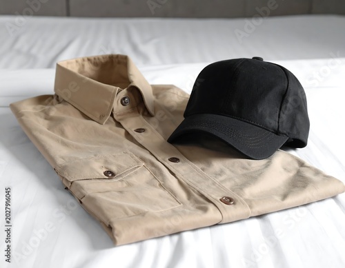 Folded Beige Button Down Shirt and Black Baseball Cap Arranged on White Bed
