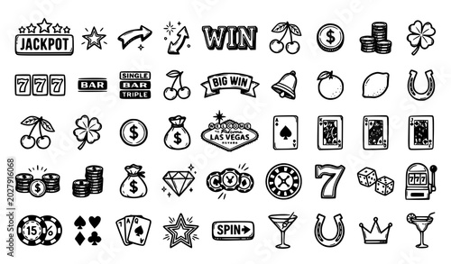 Photography Casino doodle set hand drawn gambling icons and las vegas elements