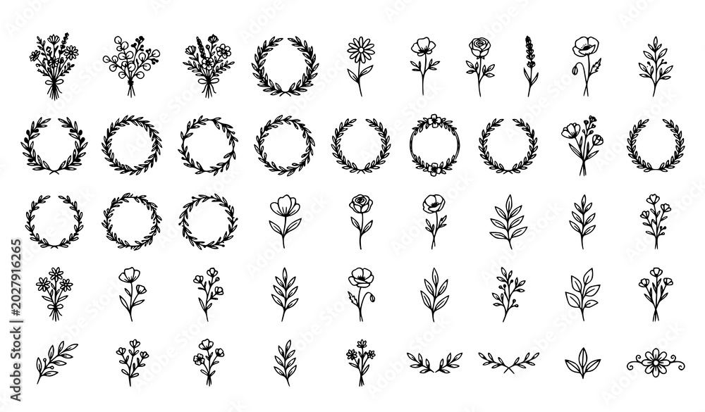 Obraz premium Floral wreath and botanical element collection hand drawn line art