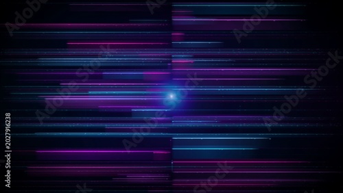 Glowing blue light in a mesmerizing display of purple and blue neon lines on a dark background with vibrant streaks of light