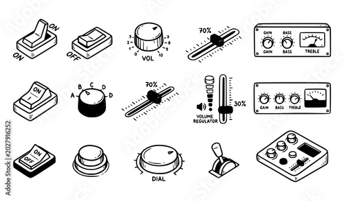 Foto Audio control elements collection switches knobs and faders hand drawn style
