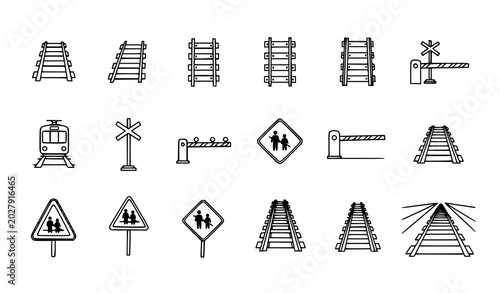 Railway infrastructure line icons tracks signals crossings and safety signs