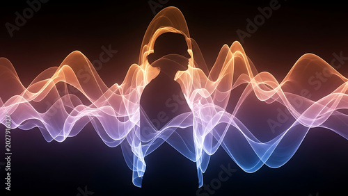 Silhouette of woman profile surrounded by glowing abstract energy waves representing sound frequency meditation inner peace and spiritual connection.