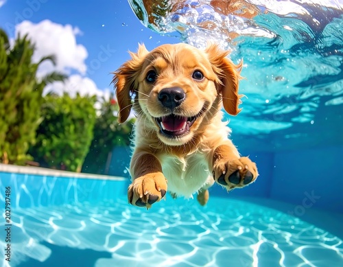 Happy Golden Puppy Swimming Underwater in Sunny Backyard Pool