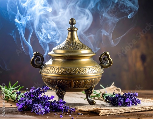 Ornate Brass Incense Burner Releasing Blue Smoke on Rustic Table with Lavender