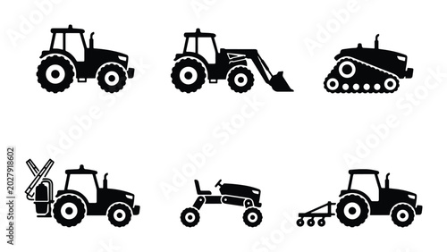 Schilderij op canvas Diverse Tractor Icons Set, Agricultural Machinery Vector Collection, Farming Equ