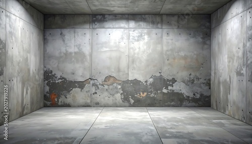 Empty Weathered Concrete Room with Grungy Walls and Industrial Interior