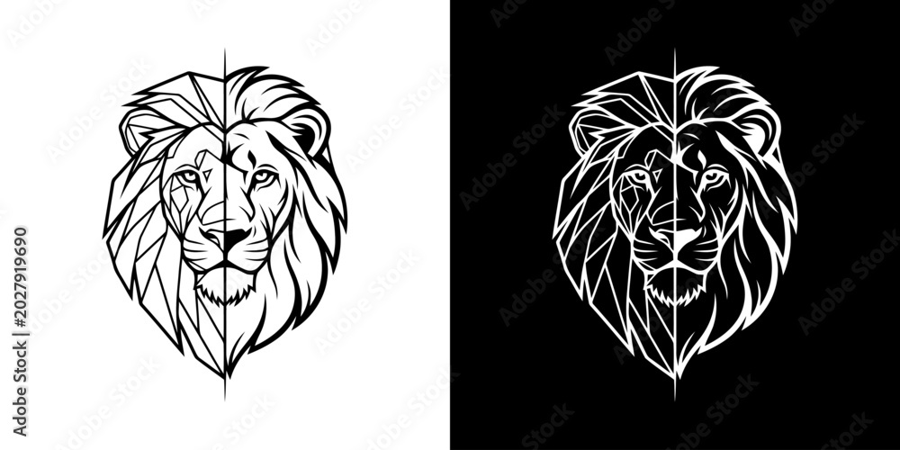 Obraz premium Lion Head Geometric Design - A Striking Contrast in Black and White.