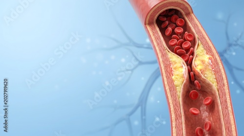 Artery Blockage Cross Section Illustration Showing Atherosclerosis and Blood Flow Restriction