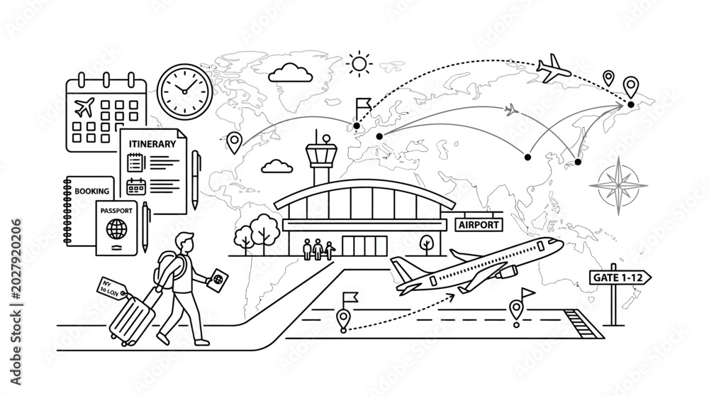 Naklejka premium Travel planning illustration with airport, airplane and traveler