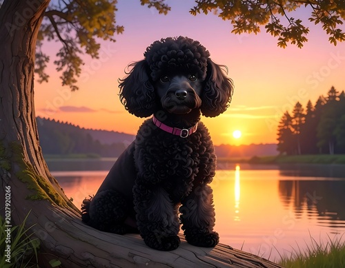 Curly Black Poodle Sitting on Fallen Tree Beside Calm Lake at Sunset