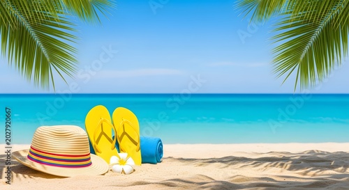 Summer Beach Scene with Colorful Striped Straw Hat Yellow Flip Flops Blue Rolled Towel and Frangipani Flower on White Sand with Turquoise Ocean and Palm Trees