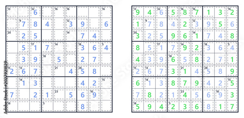 Fotografia Sudoku puzzle grids with solved and unsolved sections for gameplay