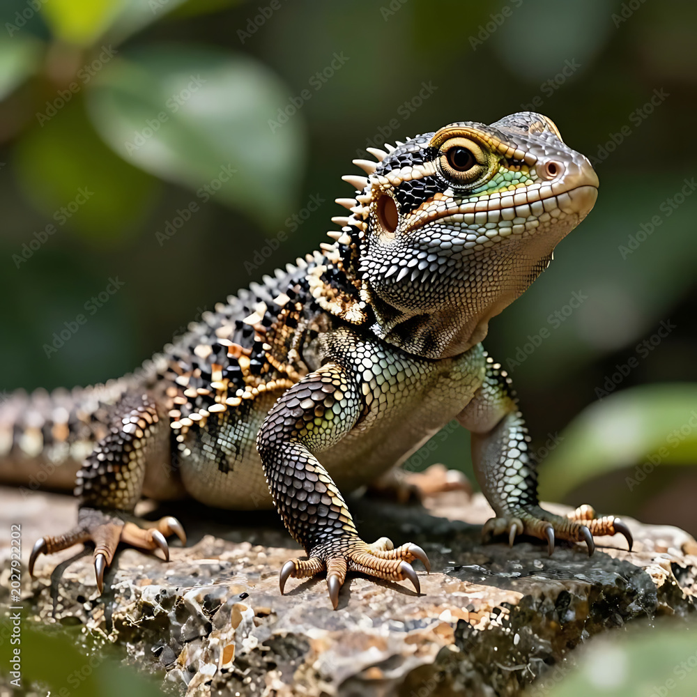 Fototapeta premium Lizard perched on mossy rock in green forest environment